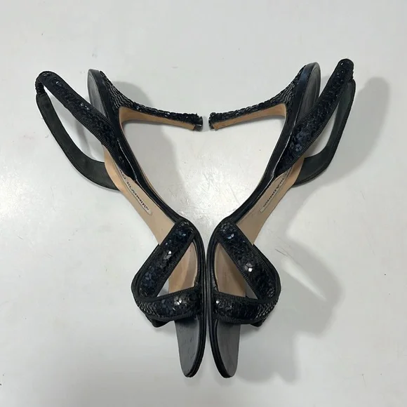 Manolo Blahnik Black Sequin Kitten Heels Sandals Stiletto Sz 37.5 7.5 - Picture 6 of 8